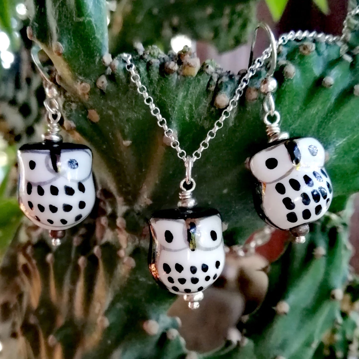 Black Owl with White Eyes Necklace and Earring Set