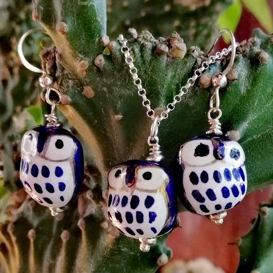 Blue Owl with White Eyes Necklace and Earring Set