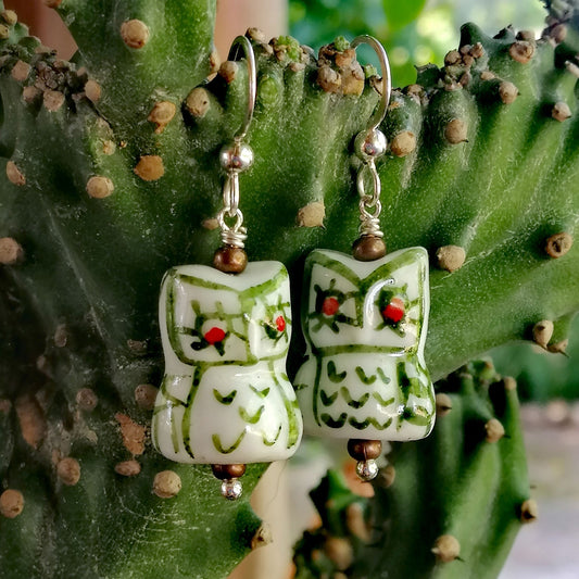 White Owl with Green Feathers and Red Eyes Earrings