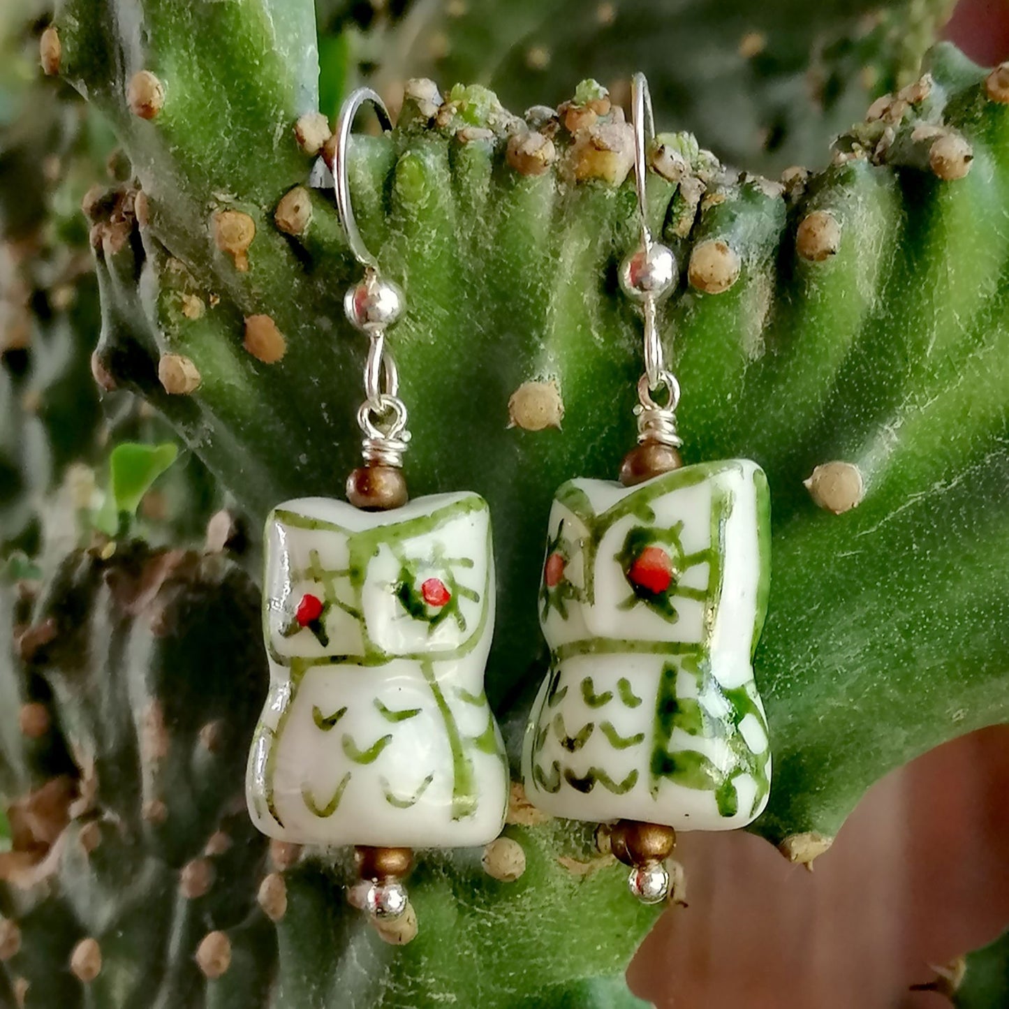 White Owl with Green Feathers and Red Eyes Earrings