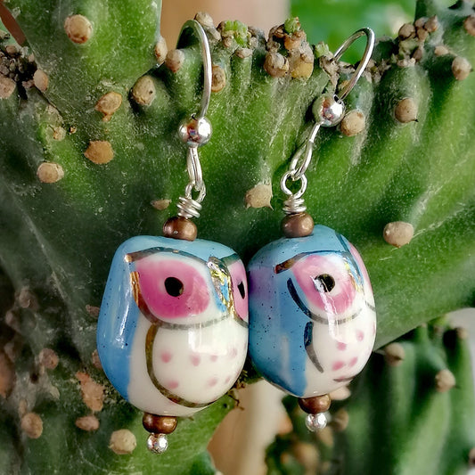 Blue Owl with Pink Eyes Earrings