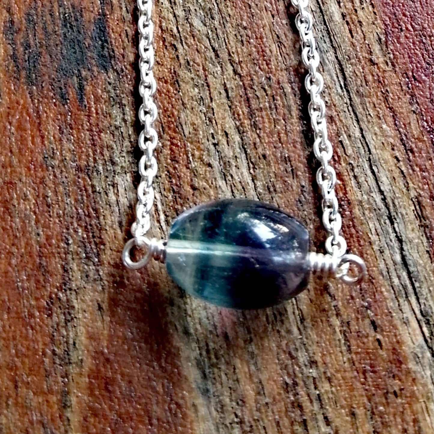 Purple Green Fluorite Charm on Sterling Chain - Third Eye Chakra - Protect as you ground!