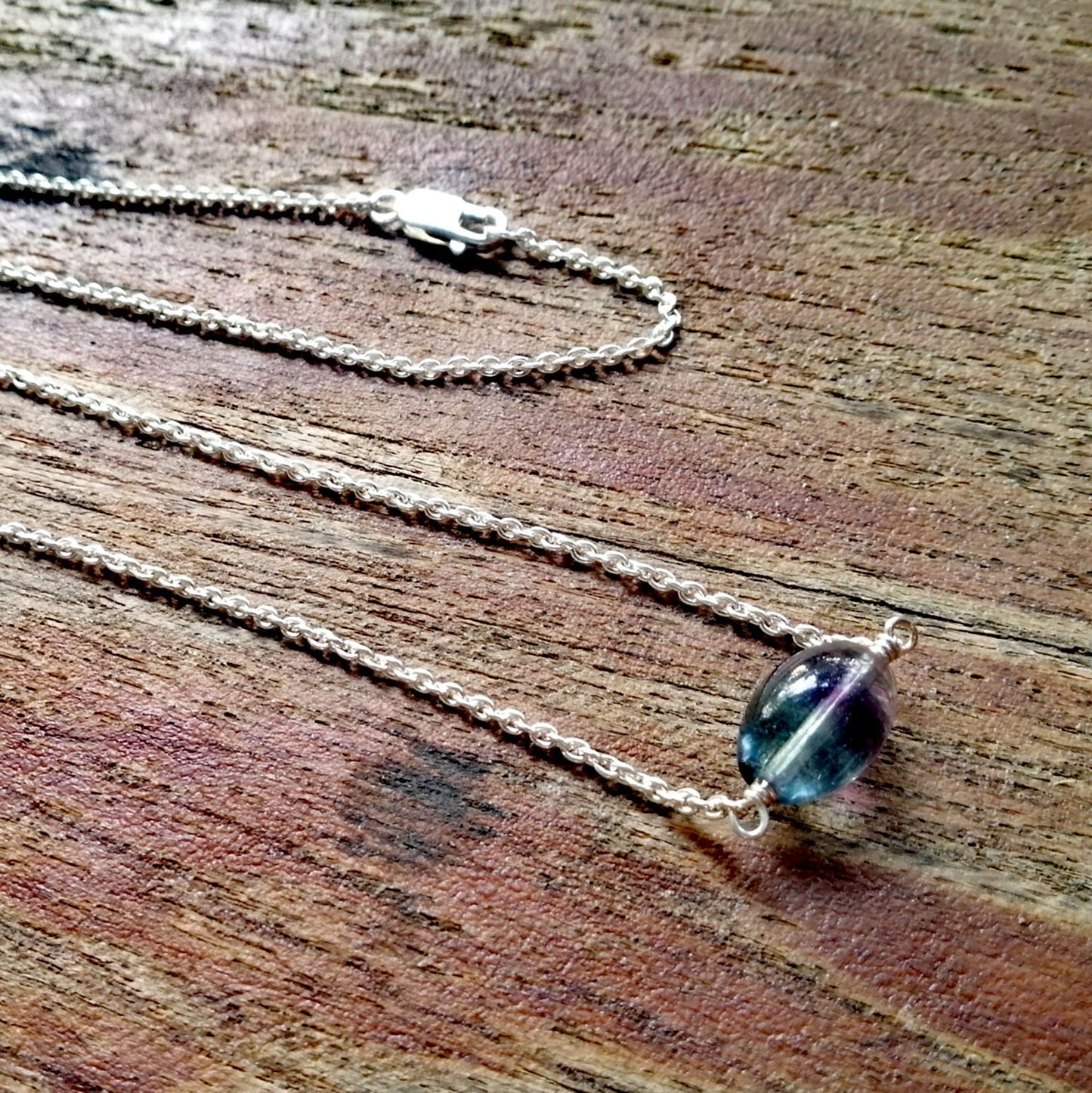 Purple Green Fluorite Charm on Sterling Chain - Third Eye Chakra - Protect as you ground!