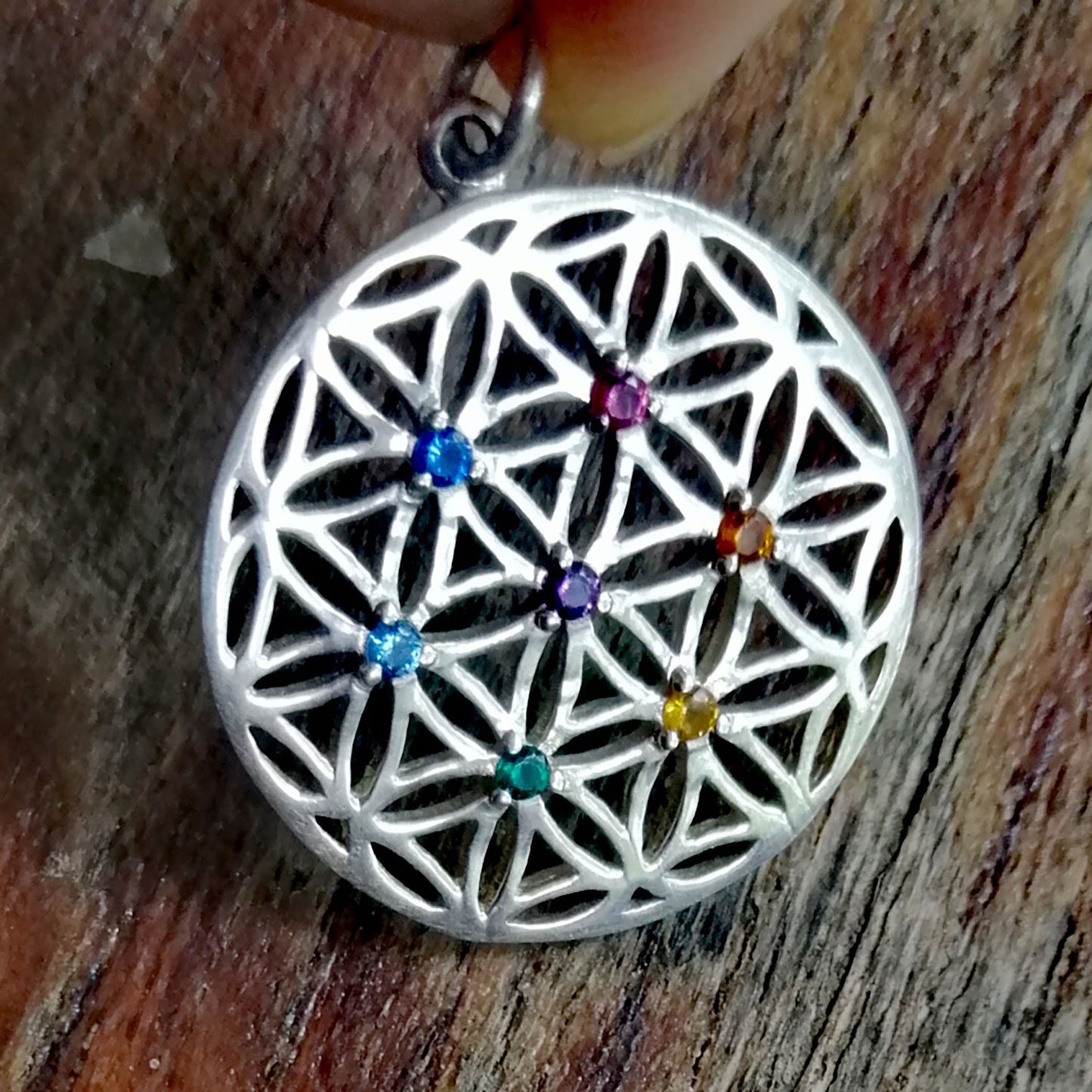 Sterling Silver Flower of Life Charm with Chakra Crystals & Sterling Silver Chain