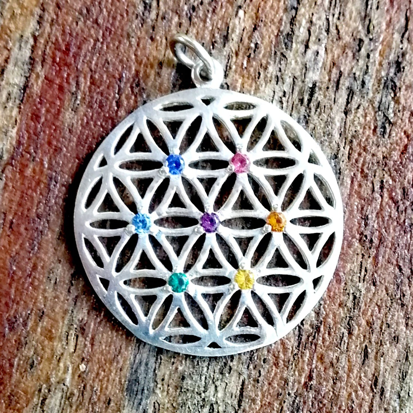 Sterling Silver Flower of Life Charm with Chakra Crystals & Sterling Silver Chain
