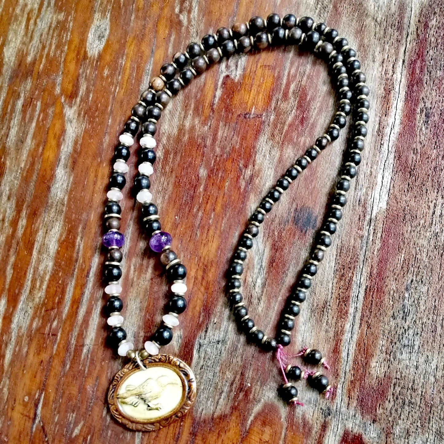 Crow Totem Mala with Ebony, Amethyst and Rose Quartz - Observe and be Clever