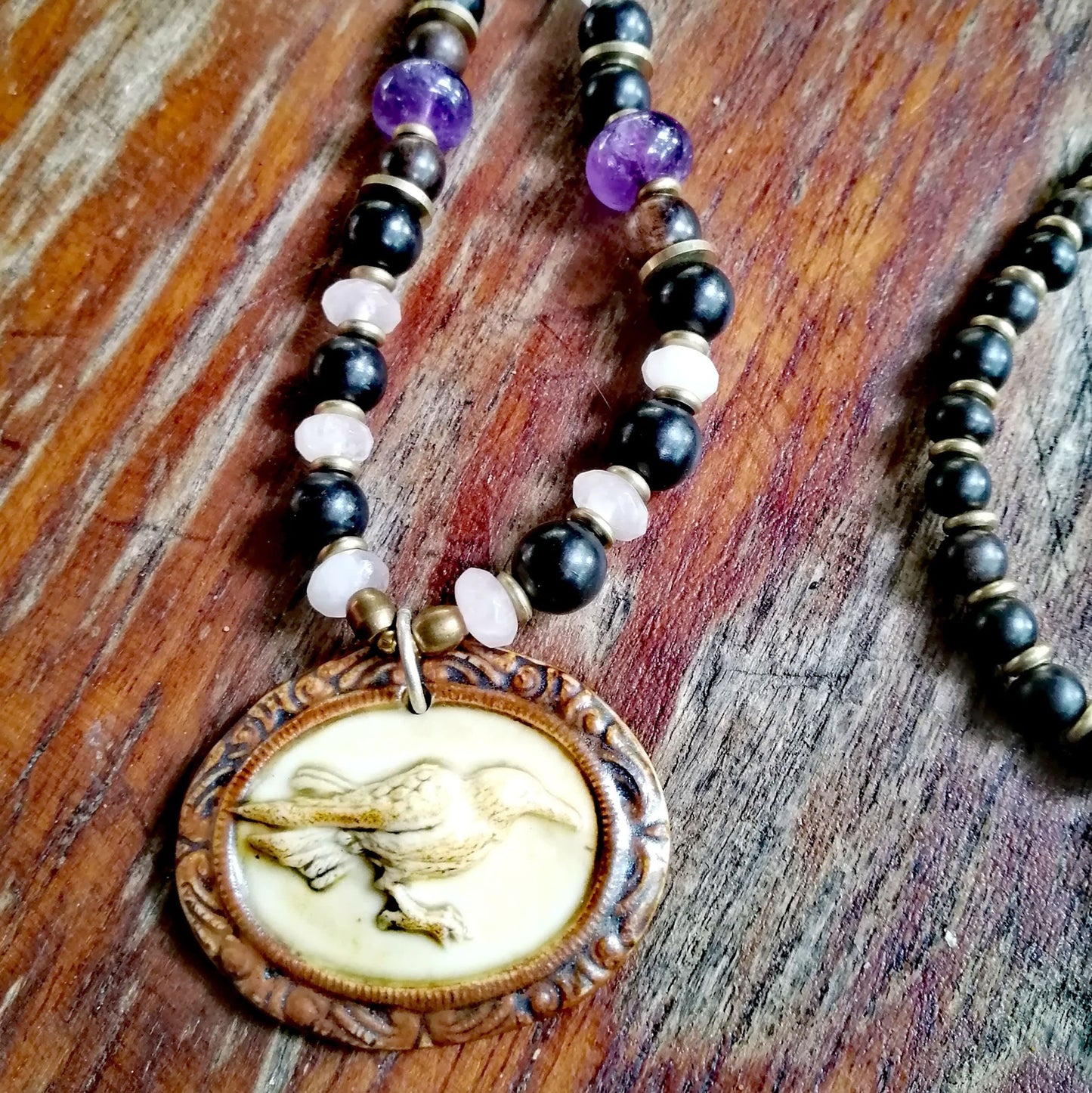 Crow Totem Mala with Ebony, Amethyst and Rose Quartz - Observe and be Clever