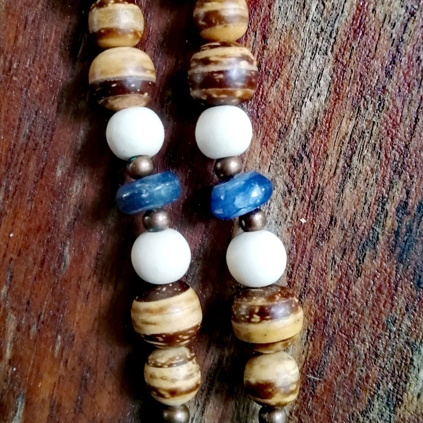 Coconut and Blue Kyanite Mala with Whitewood Accents ~ Throat Chakra