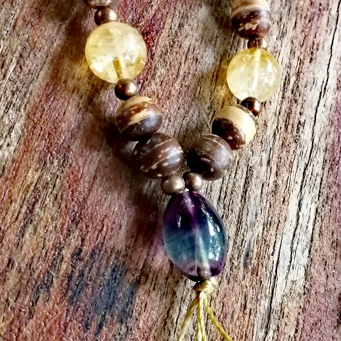 Coconut and Citrine Mala with Fluorite - Third Chakra - Express your Purpose in the World with Strength and Confidence